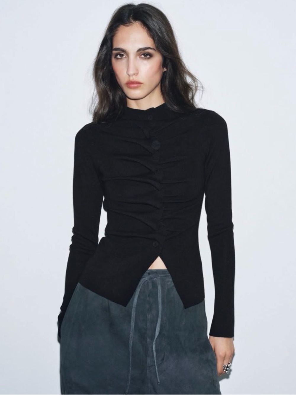 Zara ZW Collection Ruched Button-Front Long Sleeve Top